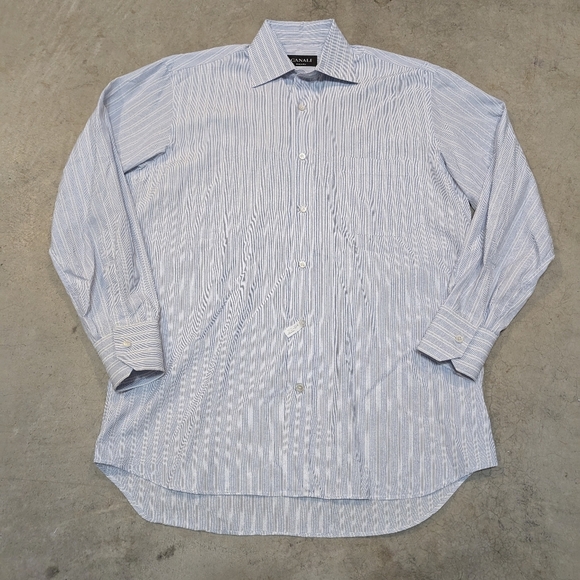 Canali Button Up Shirt Mens 39/15.5 Striped Shirt Blue White Italian - Picture 1 of 7